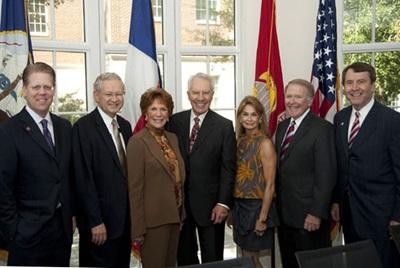 Hart Center Announcement - From left to right are R. Gerald Turner, SMU President; Bobby B. Lyle, SMU trustee and engineering school namesake; Karen Shuford, philanthropist and Lyle School Executive Board member; Mitch Hart, chairman of Hart Group, Inc.; Linda Hart, chairman of Imation Corp.; Art De Geus, chairman and CEO of Silicon Valley company Synopsis and Geoffrey Orsak, dean of the SMU's Lyle School of Engineering